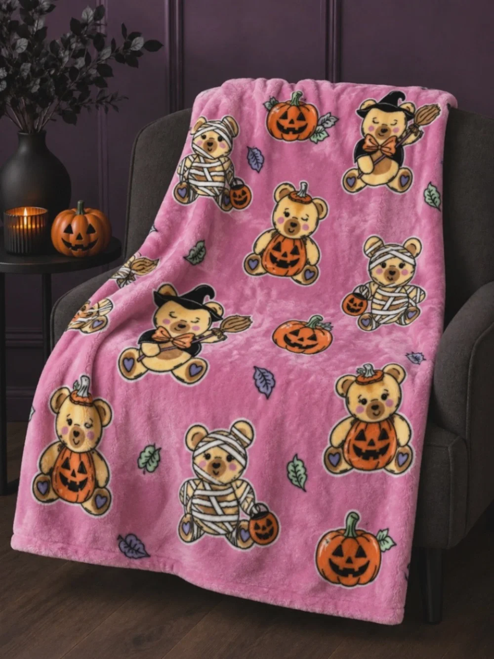 Betsey Johnson Halloween Teddy Bear Plush Throw Blanket Pink 50x70 Pumpkin Witch
